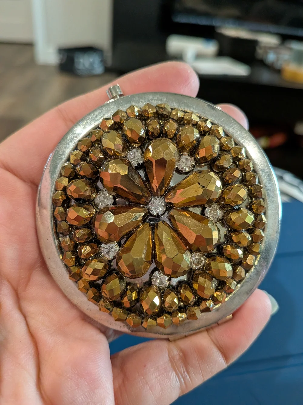 Vintage Crystal Accent Gold Compact Mirror